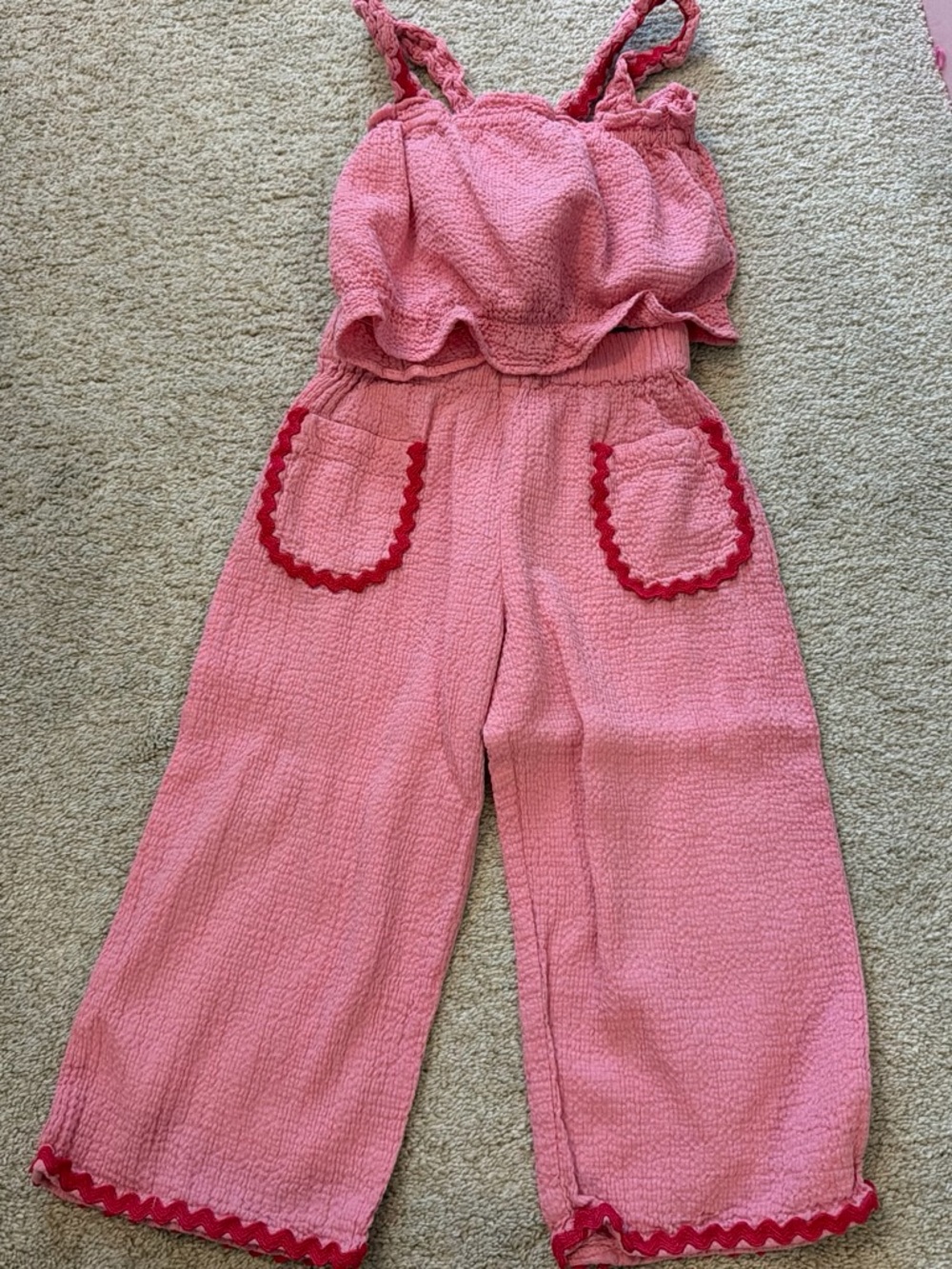 Zara Pink Smocked Two-Piece Top and Wide-Leg Pants Set with Red Trim